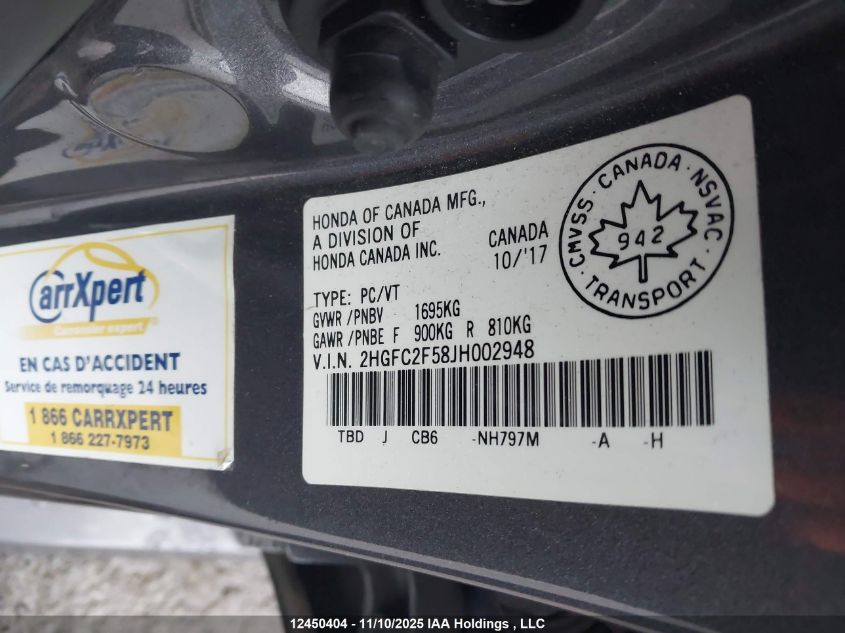 2018 Honda Civic Lx VIN: 2HGFC2F58JH002948 Lot: 12450404