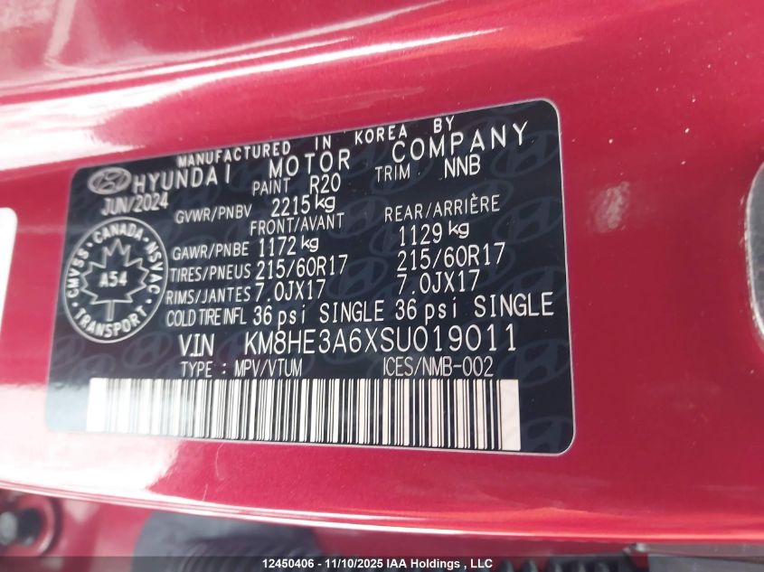 2025 Hyundai Kona VIN: KM8HE3A6XSU019011 Lot: 12450406