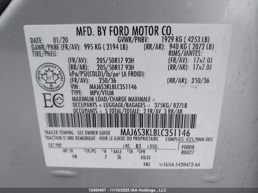 MAJ6S3KL8LC351146 2020 FORD ECOSPORT photo no. 9