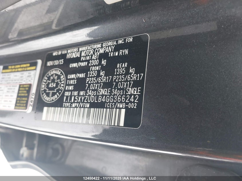 5XYZUDLB4GG366242 2016 HYUNDAI SANTA FE photo no. 9