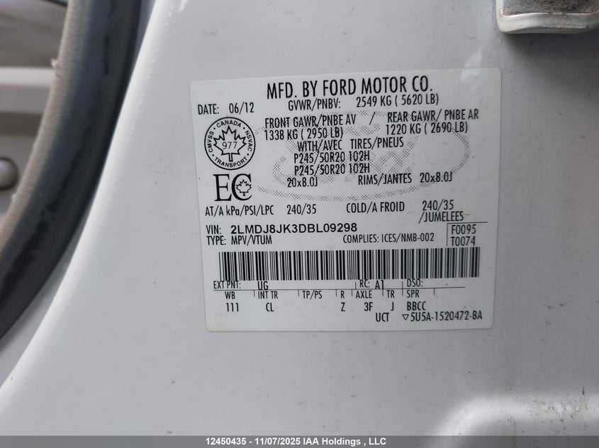 2013 Lincoln Mkx VIN: 2LMDJ8JK3DBL09298 Lot: 12450435