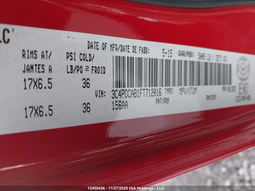 2015 Dodge Journey Se VIN: 3C4PDCAB1FT712016 Lot: 12450436