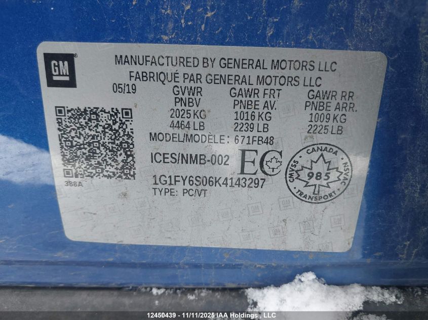 2019 Chevrolet Bolt Ev Lt VIN: 1G1FY6S06K4143297 Lot: 12450439