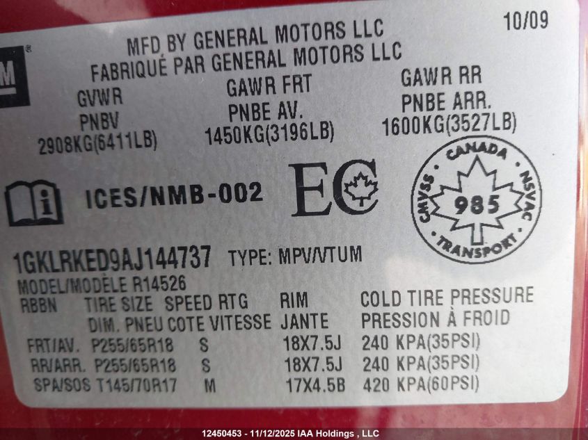 2010 GMC Acadia Sle VIN: 1GKLRKED9AJ144737 Lot: 12450453