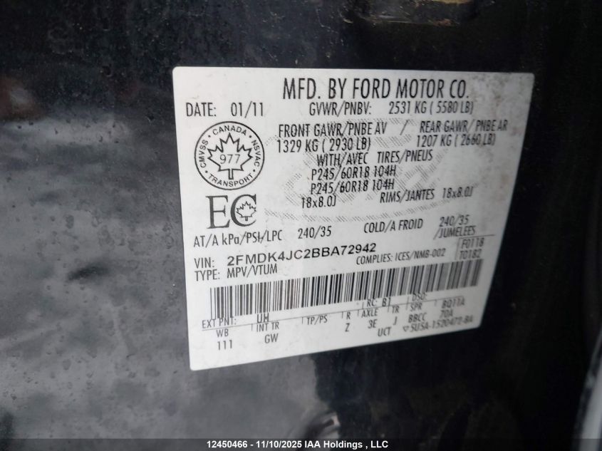 2011 Ford Edge VIN: 2FMDK4JC2BBA72942 Lot: 12450466