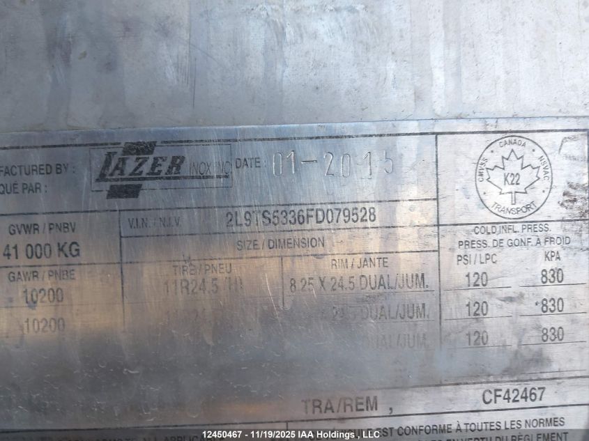 2015 Lazer Inox Tanker Trailer VIN: 2L9TS5336FD079528 Lot: 12450467