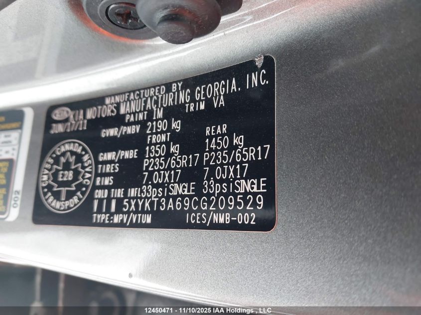 2012 Kia Sorento Lx VIN: 5XYKT3A69CG209529 Lot: 12450471