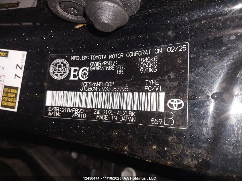 2025 Toyota Corolla Hybrid Le VIN: JTDBCMFE9S3087795 Lot: 12450474