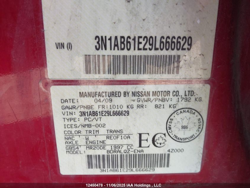 2009 Nissan Sentra 2.0/2.0S/2.0Sl VIN: 3N1AB61E29L666629 Lot: 12450478