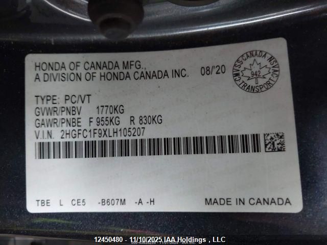 2020 Honda Civic Sedan VIN: 2HGFC1F9XLH105207 Lot: 12450480