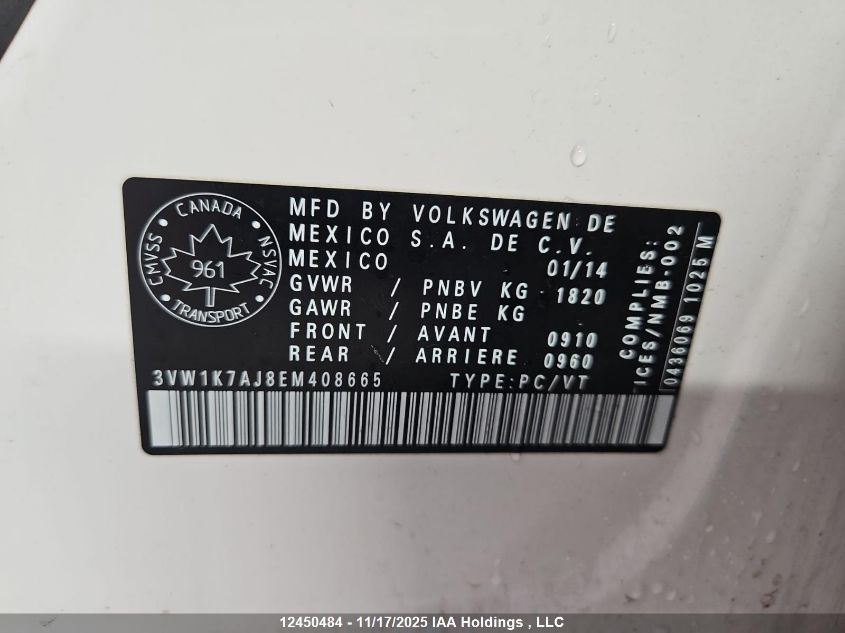 2014 Volkswagen Jetta 2.0L Trendline/2.0L Trendline+ VIN: 3VW1K7AJ8EM408665 Lot: 12450484