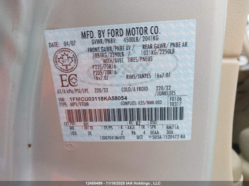 1FMCU03118KA58054 2008 FORD ESCAPE photo no. 9
