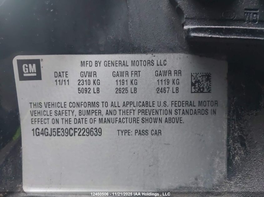 2012 Buick Lacrosse Touring Group VIN: 1G4GJ5E39CF229639 Lot: 12450506