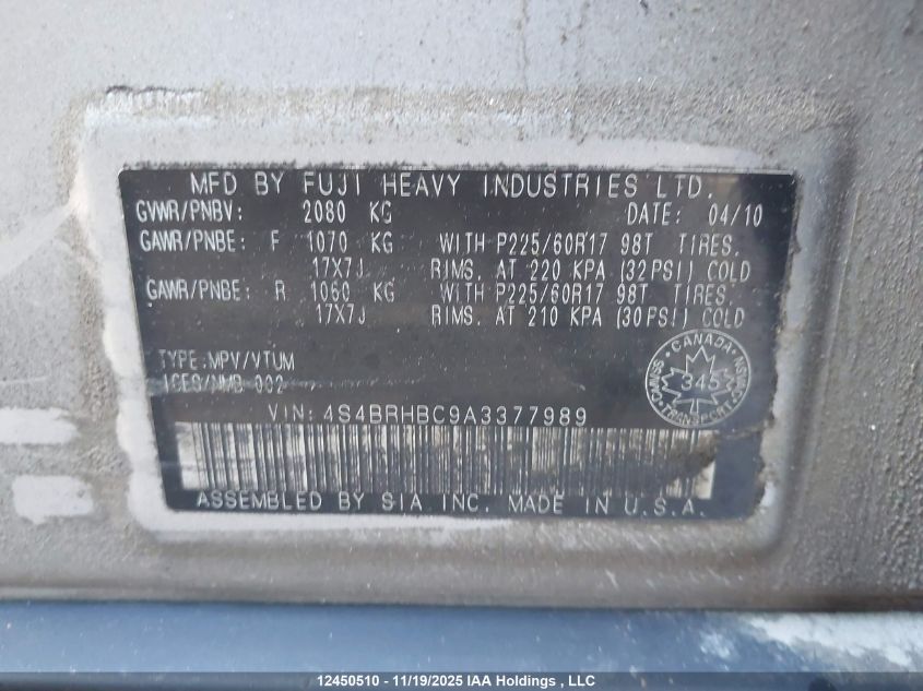 2010 Subaru Outback 2.5I Premium VIN: 4S4BRHBC9A3377989 Lot: 12450510