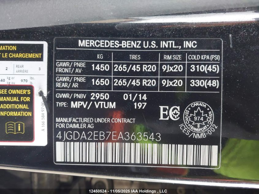 2014 Mercedes-Benz Ml 350 Bluetec VIN: 4JGDA2EB7EA363543 Lot: 12450524