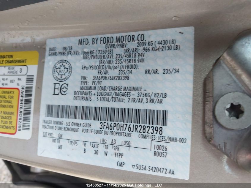 2018 Ford Fusion Se VIN: 3FA6P0H76JR282398 Lot: 12450527