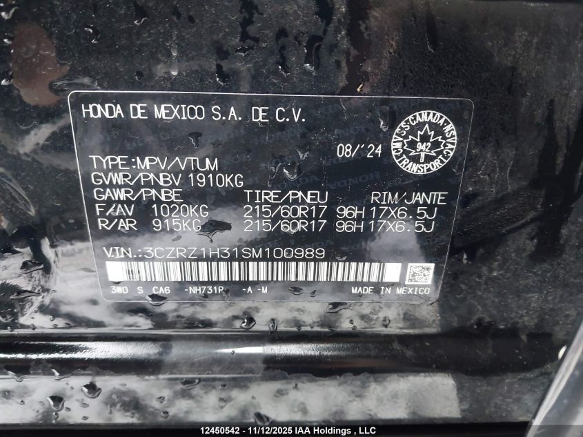 2025 Honda Hr-V Lx VIN: 3CZRZ1H31SM100989 Lot: 12450542