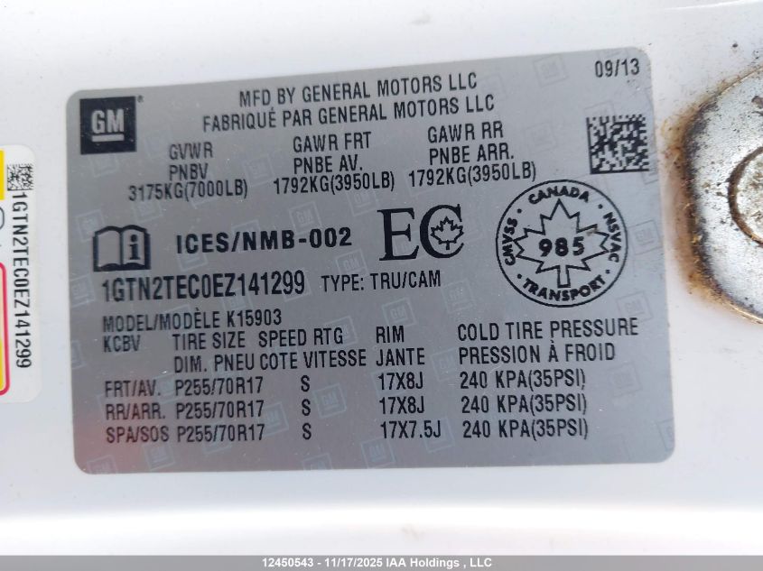 2014 GMC Sierra K1500 VIN: 1GTN2TEC0EZ141299 Lot: 12450543