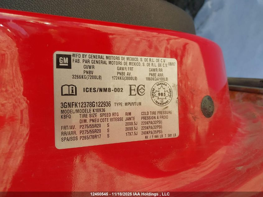 2008 Chevrolet Avalanche K1500 VIN: 3GNFK12378G122936 Lot: 12450545