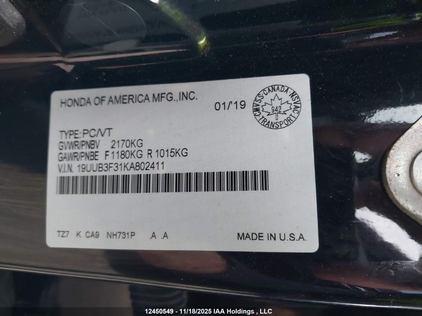 2019 Acura Tlx VIN: 19UUB3F31KA802411 Lot: 12450549