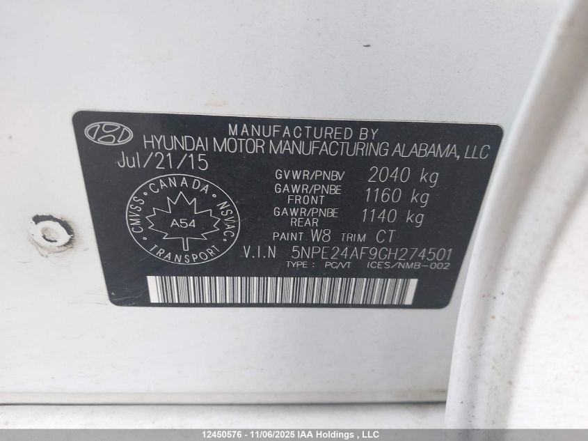 2016 Hyundai Sonata Gl VIN: 5NPE24AF9GH274501 Lot: 12450576