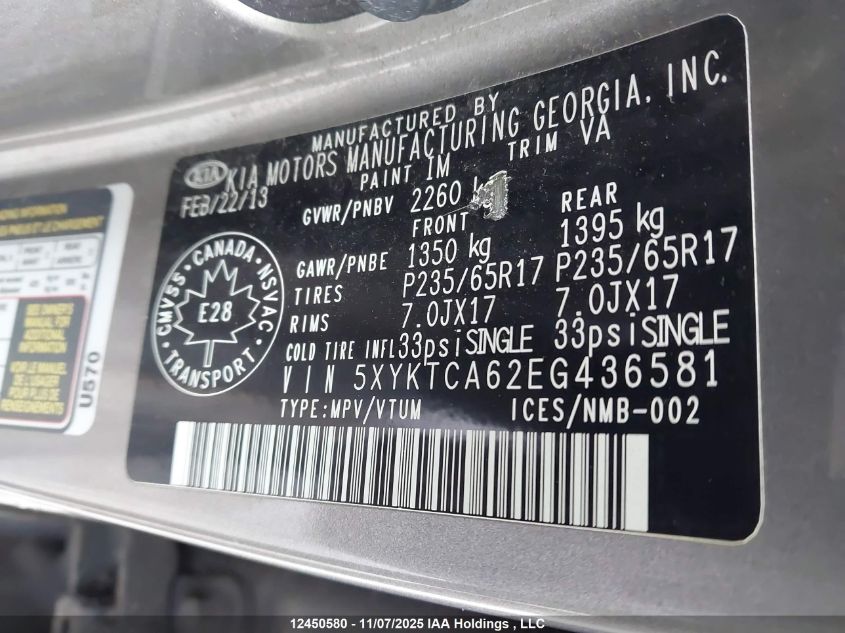 2014 Kia Sorento Lx VIN: 5XYKTCA62EG436581 Lot: 12450580