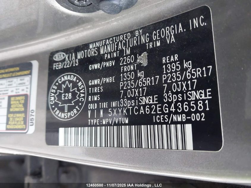 2014 Kia Sorento Lx VIN: 5XYKTCA62EG436581 Lot: 12450580
