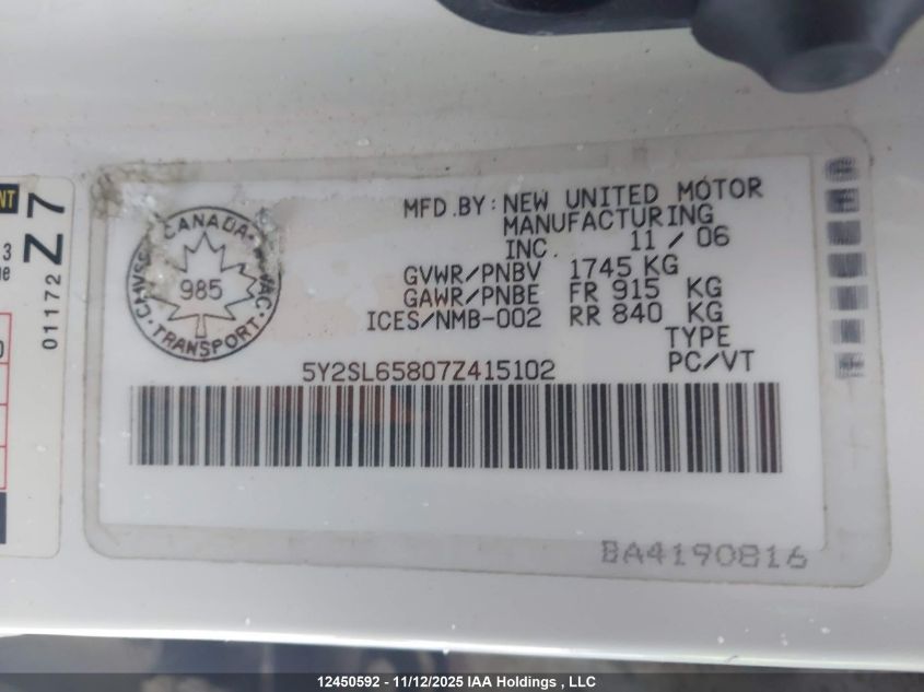 2007 Pontiac Vibe VIN: 5Y2SL65807Z415102 Lot: 12450592