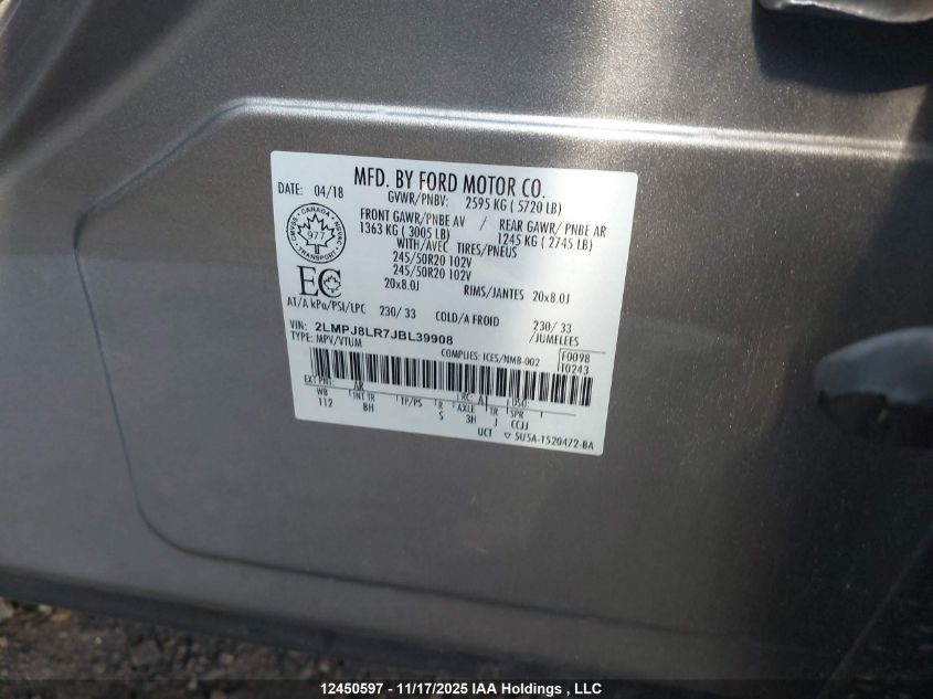 2018 Lincoln Mkx VIN: 2LMPJ8LR7JBL39908 Lot: 12450597