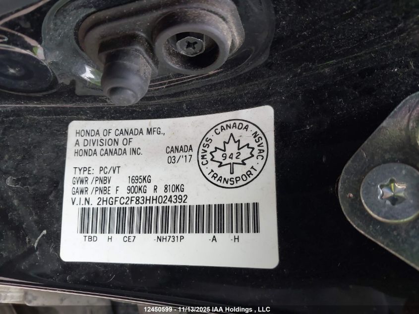 2017 Honda Civic Ex VIN: 2HGFC2F83HH024392 Lot: 12450599
