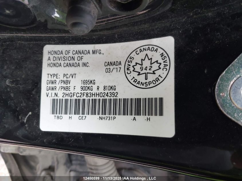 2017 Honda Civic Ex VIN: 2HGFC2F83HH024392 Lot: 12450599