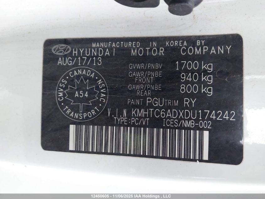 2013 Hyundai Veloster VIN: KMHTC6ADXDU174242 Lot: 12450605