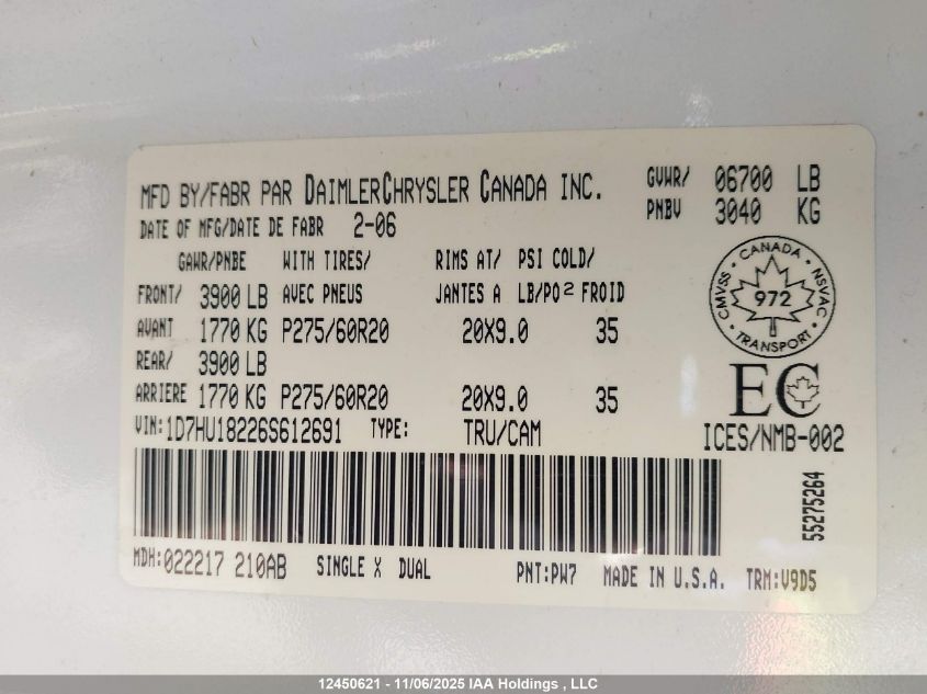 2006 Dodge Ram 1500 Slt/Trx4 Off Road/Sport VIN: 1D7HU18226S612691 Lot: 12450621