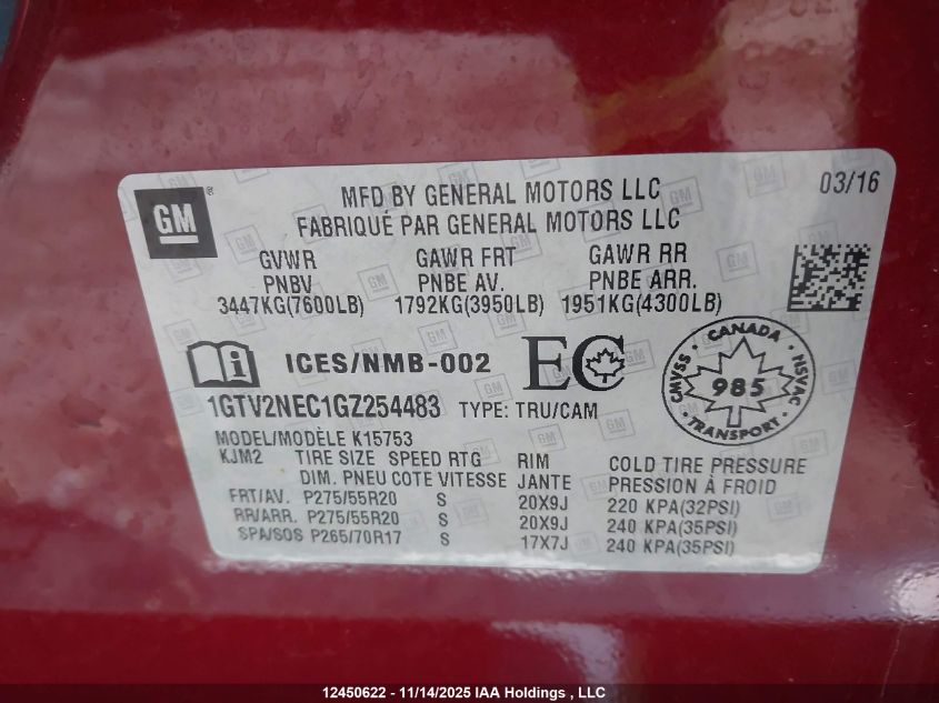 2016 GMC Sierra 1500 Slt VIN: 1GTV2NEC1GZ254483 Lot: 12450622