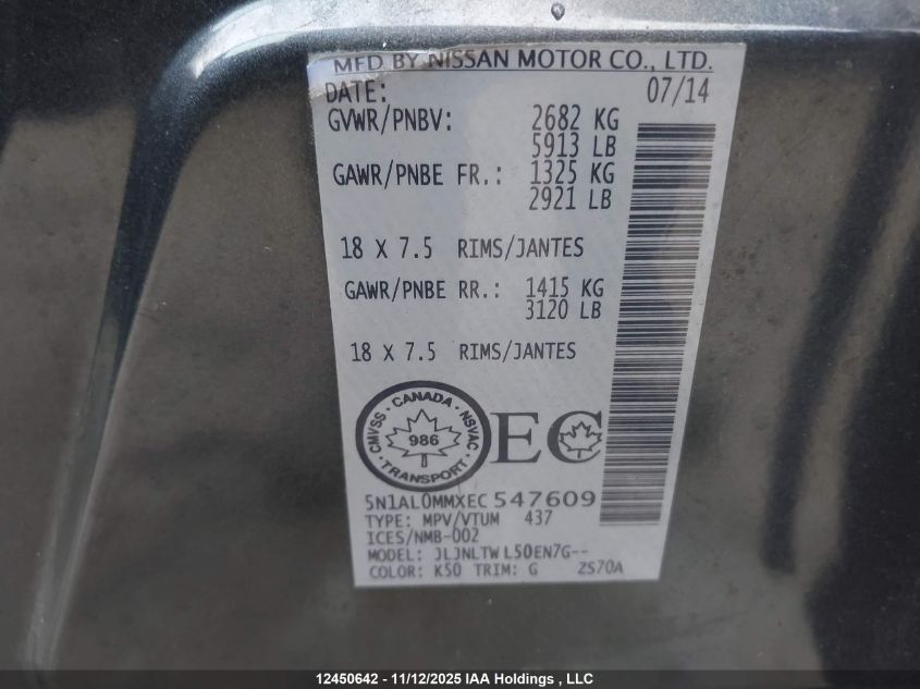 2014 Infiniti Qx60 VIN: 5N1AL0MMXEC547609 Lot: 12450642