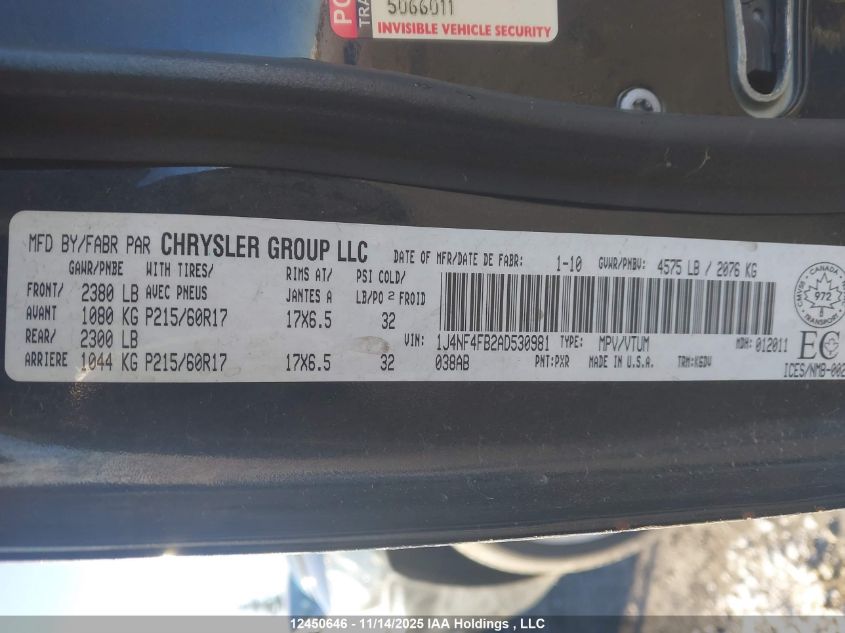 2010 Jeep Compass Sport VIN: 1J4NF4FB2AD530981 Lot: 12450646