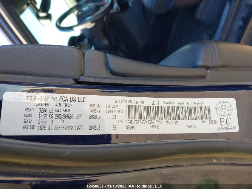 2018 Jeep Grand Cherokee Limited VIN: 1C4RJFBG2JC243374 Lot: 12450657