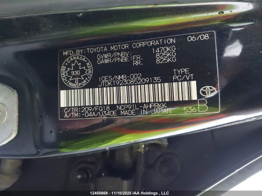 2008 Toyota Yaris VIN: JTDKT923085209135 Lot: 12450669