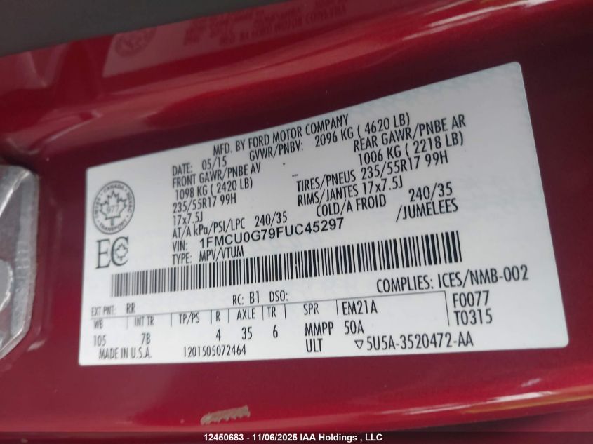 2015 Ford Escape Se VIN: 1FMCU0G79FUC45297 Lot: 12450683