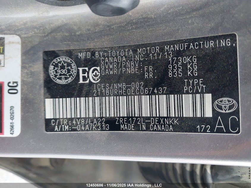 2T1BURHE0EC067437 2014 TOYOTA COROLLA photo no. 9