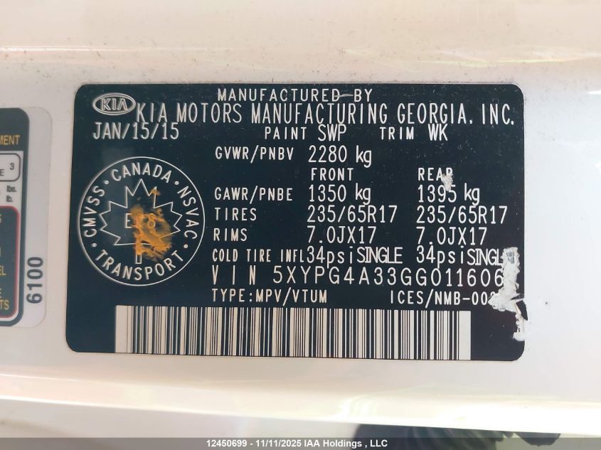 2016 Kia Sorento VIN: 5XYPG4A33GG011606 Lot: 12450699