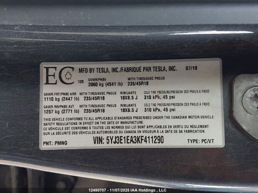 2019 Tesla Model 3 VIN: 5YJ3E1EA3KF411290 Lot: 12450707