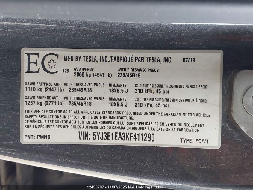 2019 Tesla Model 3 VIN: 5YJ3E1EA3KF411290 Lot: 12450707