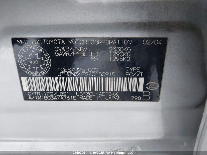 2004 Lexus Ls 430 VIN: JTHBN36F240150915 Lot: 12450709