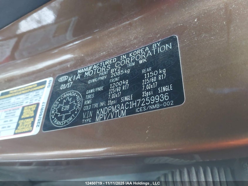 2017 Kia Sportage Lx VIN: KNDPM3AC1H7259936 Lot: 12450719