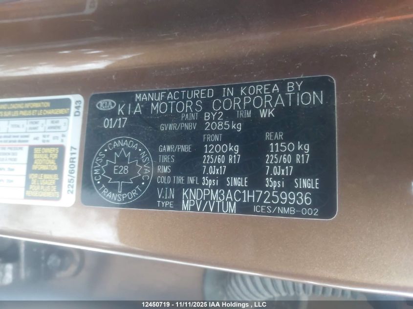 2017 Kia Sportage Lx VIN: KNDPM3AC1H7259936 Lot: 12450719