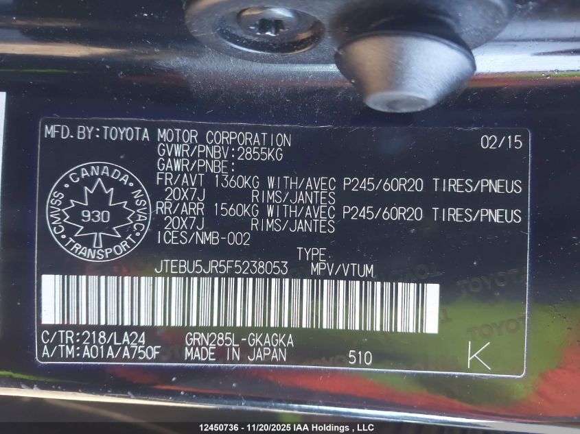 2015 Toyota 4Runner Sr5 V6 VIN: JTEBU5JR5F5238053 Lot: 12450736