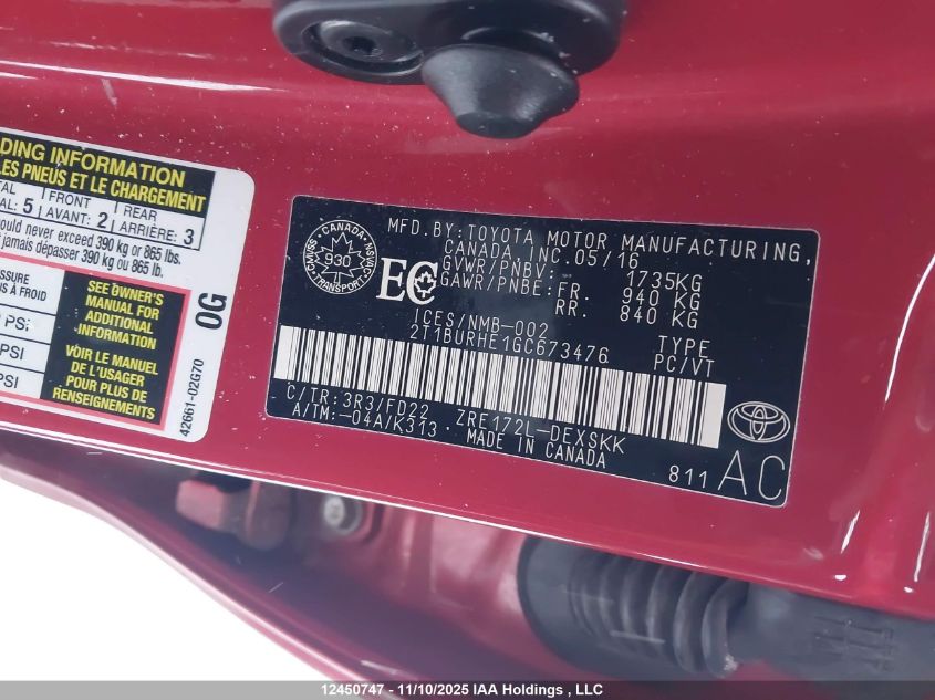 2016 Toyota Corolla S VIN: 2T1BURHE1GC673476 Lot: 12450747