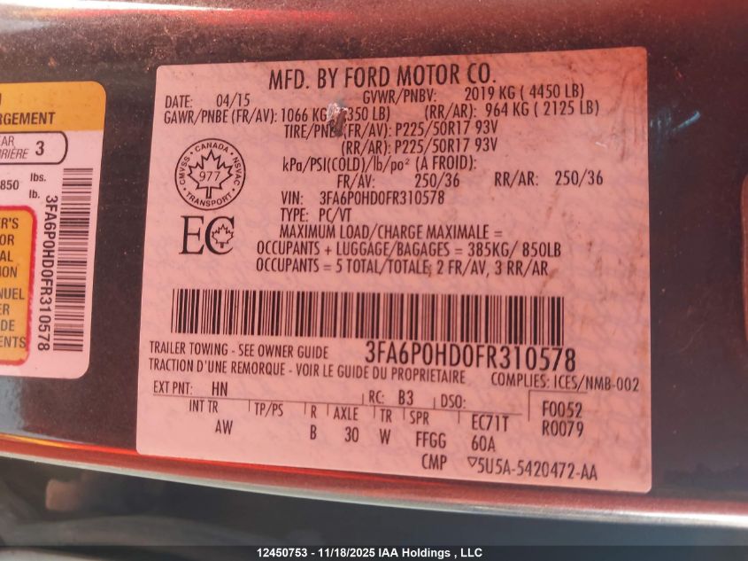 2015 Ford Fusion Se VIN: 3FA6P0HD0FR310578 Lot: 12450753