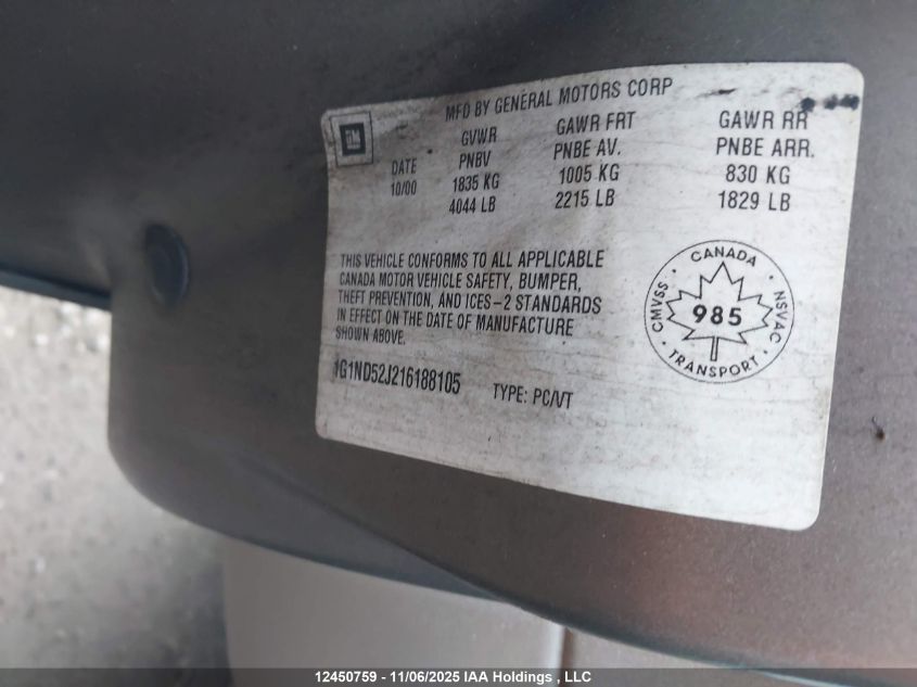 2001 Chevrolet Malibu VIN: 1G1ND52J216188105 Lot: 12450759